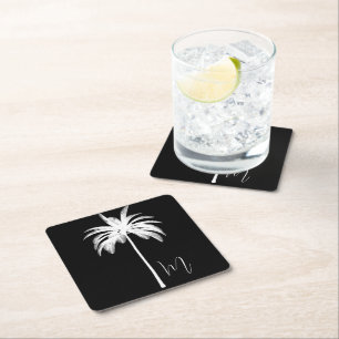 Palmboom Elegant Zwart Wit Vierkante Kartonnen Onderzetter