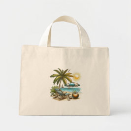 Palmboom en het strand mini tote bag