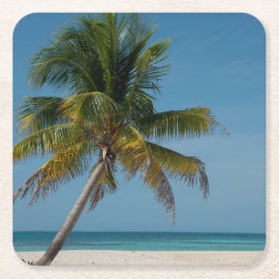 Palmboom en wit zandstrand 2 vierkante kartonnen onderzetter