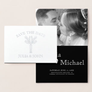 Palmboom handgetekende letters save the date folie kaarten