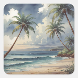 Palmboom Hawaiaanse Reis Honolulu Blauwe Zee Vierkante Sticker