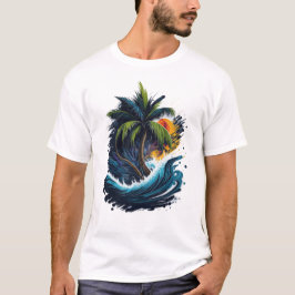 Palmboom in schilderstijl met zee golf t-shirt