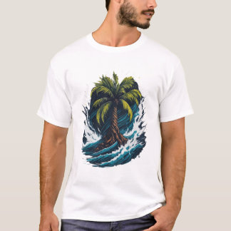 Palmboom in schilderstijl met zee golf t-shirt