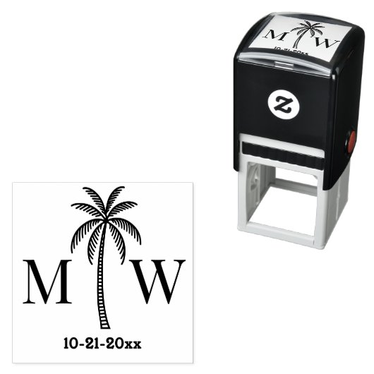 Palmboom Initiaal paar bruiloft Monogram Datum #5 Zelfinktende Stempel (In situ)