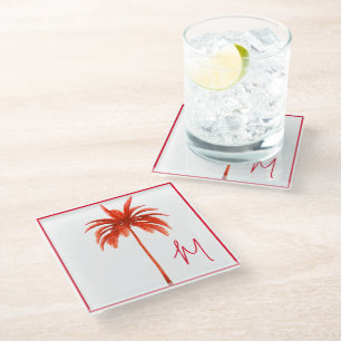 Palmboom Modern rood lijst Tropisch monogram Glazen Onderzetter