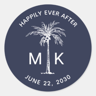 Palmboom Monogram Marine Blauw Tropische Huwelijk Ronde Sticker