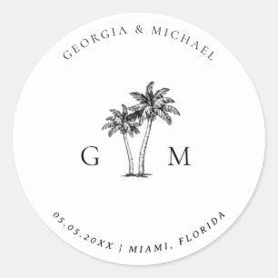 Palmboom Monogram Tropische Bestemming Huwelijk Ronde Sticker