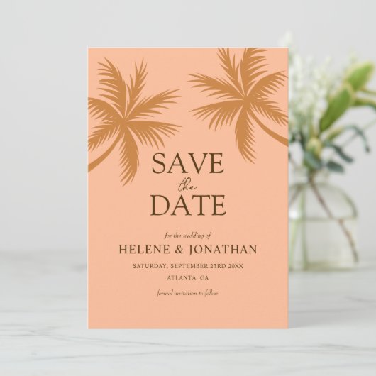 Palmboom perzik tropische bestemming bruiloft save the date (Staand voorkant)