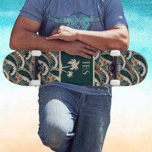 Palmboom Polynesische golven Vintage strand monogr Skateboard