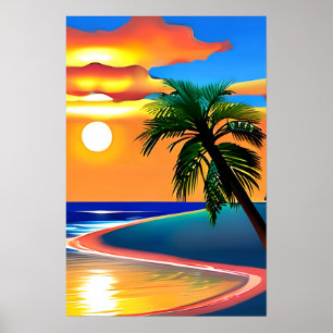 Palmboom silhouet en kleurrijke zonsondergang poster