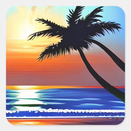 Palmboom Silhouet met Sunet Vierkante Sticker (Voorkant)