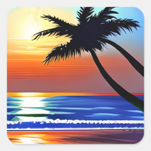 Palmboom silhouet met zonsondergang reflectie vierkante sticker