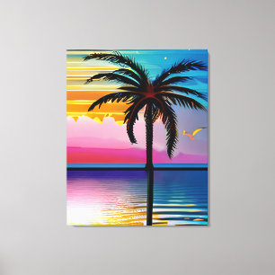 Palmboom silhouet, zeemeeuw en kleurrijke zonsonde canvas afdruk