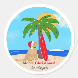 Palmboom Surfboard Kerstman Hond Kerst Set Ronde Sticker