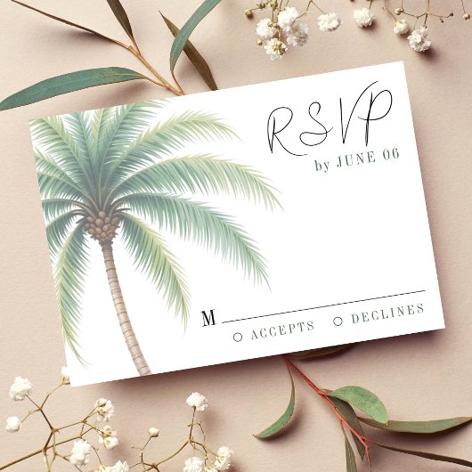 Palmboom Tropical Island Waterverf Green Wedding RSVP Kaartje