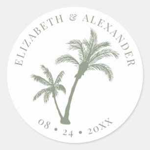 Palmboom Tropisch Strand Huwelijk Salie Groen Ronde Sticker