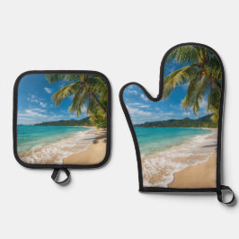 Palmboom Tropisch Strand Oceaan Ovenwant & Pannenlap Set