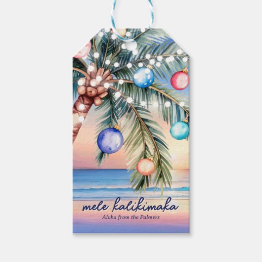 Palmboom Tropisch strand Zonsondergang Kerstmis Cadeaulabel (Voorkant)