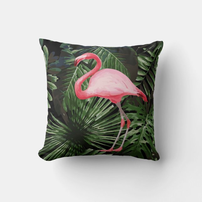 Palmboom Tropische roze flamingo Black Kussen (Voorkant)
