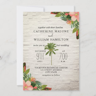 Palmboom Tropische Witte Brick Wedding Kaart