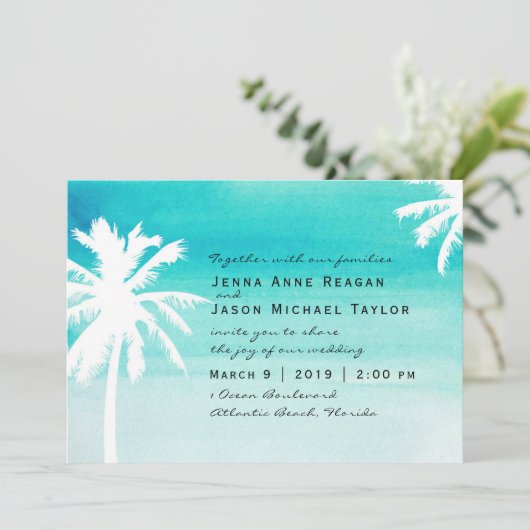 Palmboom Waterverf bruiloft uitnodiging (Staand voorkant)