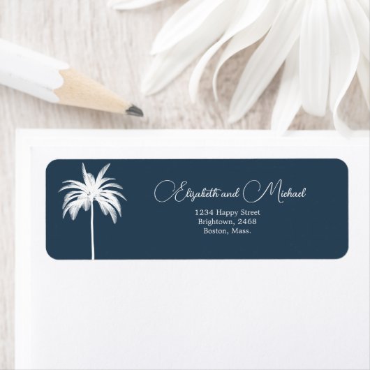 Palmboom Wit Blauw Elegant Modern Script Label (Insitu)