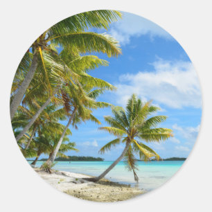 Palmboom, witte zandstrandvlek ronde sticker