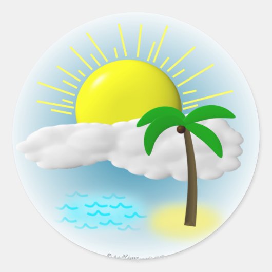 Palmboom, zon en strand ronde sticker (Voorkant)