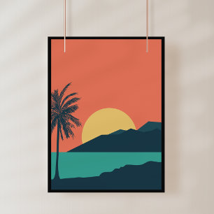 Palmboom Zonsondergang, Eiland, Boho Abstracte Kun Foto Afdruk