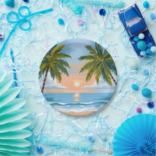 Palmboom zonsondergang | Tropische strand bruiloft Papieren Bordje (Feest)