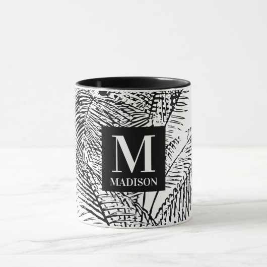 Palmboombladeren Abstract monogram zwart-wit Mok (Midden)