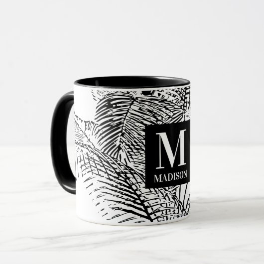 Palmboombladeren Abstract monogram zwart-wit Mok (Voorkant links)