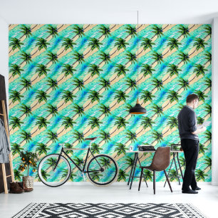 Palmboombladeren turquoise zee nautisch patroon behang