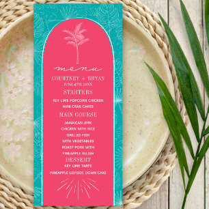 Palmboomroze en blauwe strand bruiloft menu
