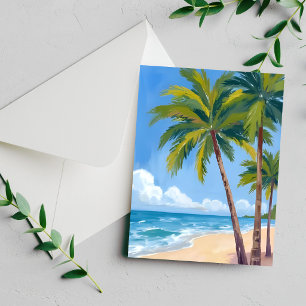 Palmboomstrand Tropische Aquarel Blauwe Kaart