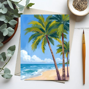 Palmboomstrand Tropische Aquarel Blauwe Lucht Briefkaart