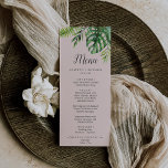 Palme tropicale sauvage | Menu Dîner Mariage Blush<br><div class="desc">Cette carte de menu mariage à la palme tropicale sauvage est parfaite pour un mariage à la plage ou à destination. Le design comprend un éventail exotique de feuilles de bananiers verts aquarelles, fougères, feuillage, plantes botaniques et verdure sur un arrière - plan rose pâle pour une atmosphère estivale tropicale....</div>