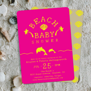 Palmen & Dolfijnen Roze & Gele Strand Baby Shower Kaart