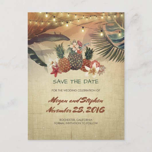 Palmen en ananas Rustiek strand Save the Date Aankondigingskaart (Voorkant)