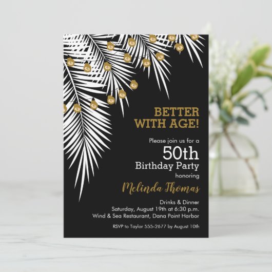 Palmen en lichten zwart en goud 50ste verjaardag (Staand voorkant)