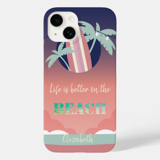 Palmen, surfplank, String Lights Beach Case-Mate iPhone Case (Achterkant)
