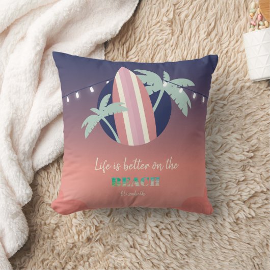 Palmen, surfplank, String Lights Beach Kussen (Deken)