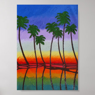 Palmeras al atardecer y su reflejo poster
