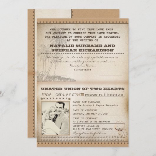 Palmes vintages mariage passeport invitations (Devant / Derrière)