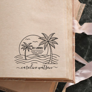 Palmier avec soleil Ex libris Tampon en caoutcho