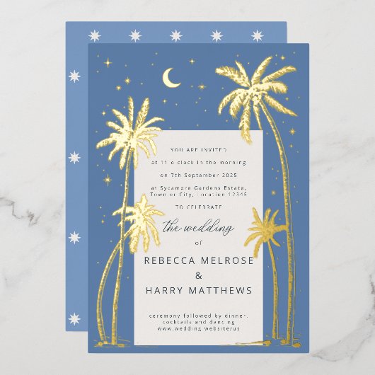 Palmier céleste bleu mariage Invitation Foil (Recto/Verso)