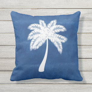 Palmier tropical Bleu Blanc Coussin extérieur