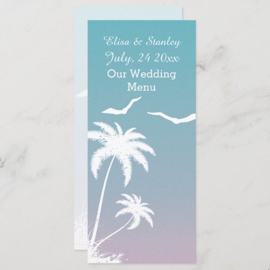 Palmier tropical bleu, mariage de plage rose Menu (Devant / Derrière)