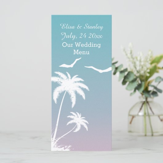 Palmier tropical bleu, mariage de plage rose Menu (Debout devant)