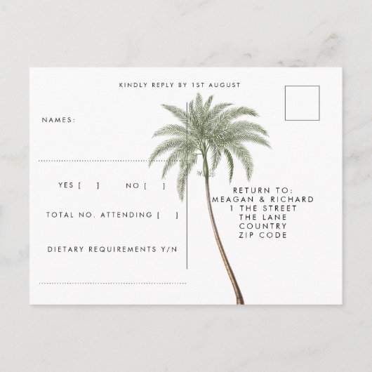 palmier tropical plage mariage rsvp carte postale (Dos)